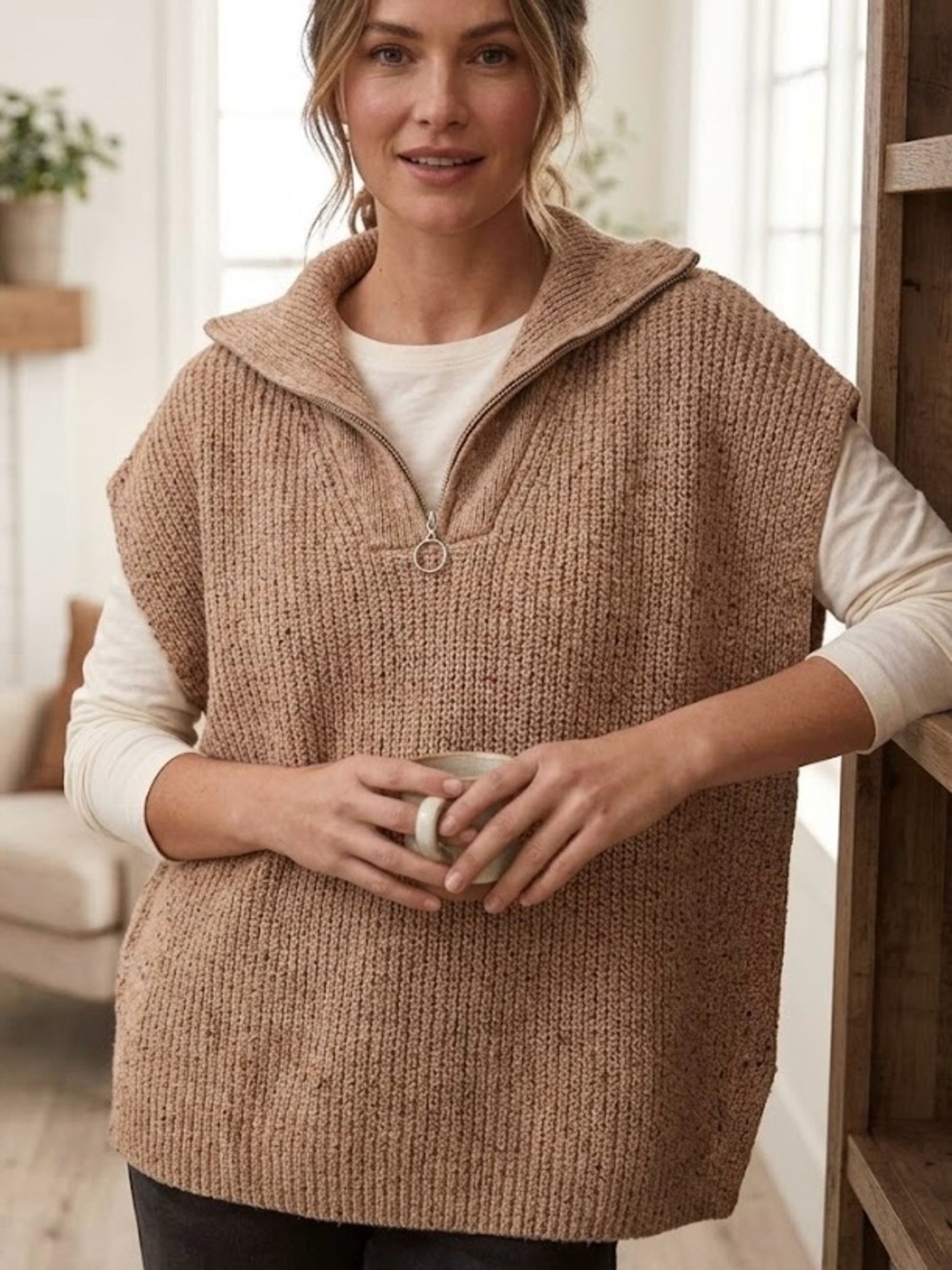 Northern Reflections Tan Speckled Quarter-Zip Sweater Boho Cozy Oversized Chic